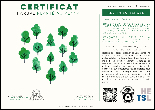 Certificat 1 arbre planté au Kenya